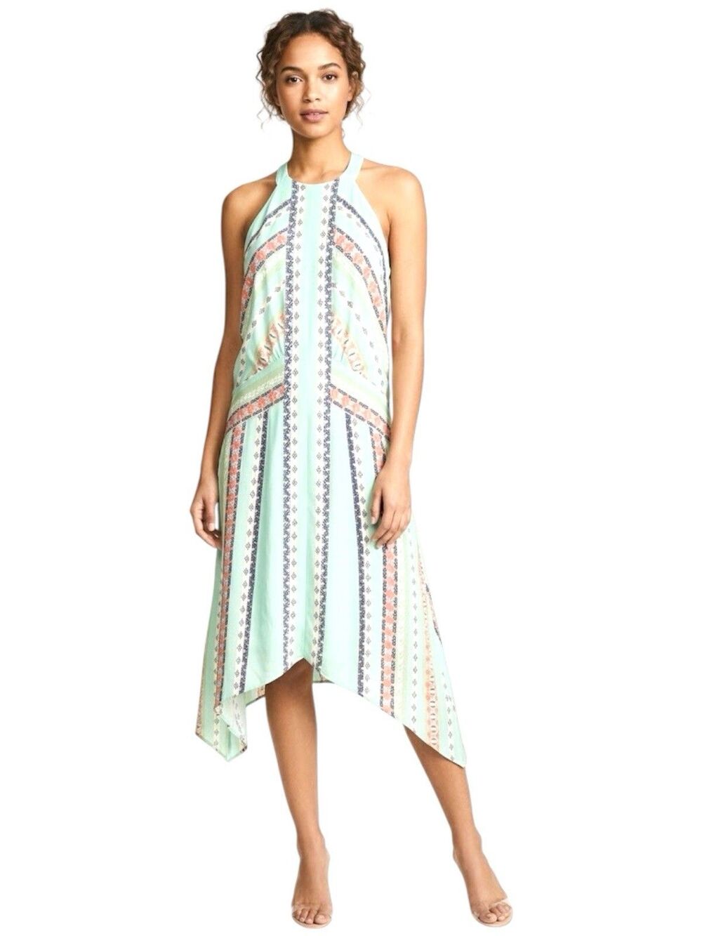 BCBGMaxAzria Ginevia Aqua Mist Halter Top Open Back Midi Dress Women’s Size M